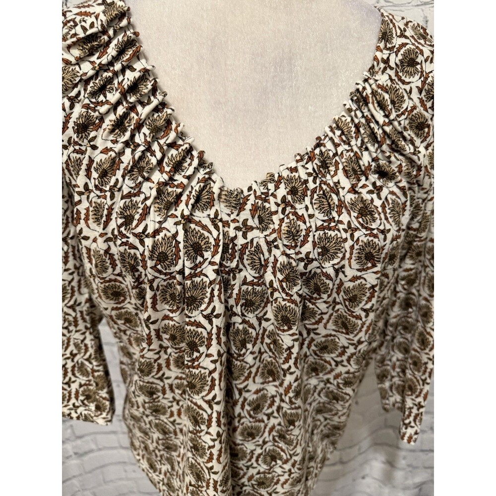 Lucky Brand Shirt Top Small Women’s Brown Ivory Print Blouse Pleated V-Neck - Picture 2 of 7